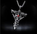 Detailed view of punk style sword and snake pendant with red gemstone on a chunky chain - Silver Dragon Snake Sword Red Gem