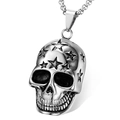 Macro view of vintage silver skull pendant with star patterns and thick metal chain - Silver + Stainless Steel Chain