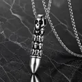 Collar colgante de bala plateada retro gótica con calaveras y cadena de perlas cuadradas - Aleación/Acero Inoxidable / Calavera Bala