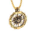 Close-up of golden compass pendant with sunburst design and engraved lucky money success text - Gold + Plated Chain