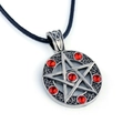 Pentagramm Satan-Anhänger Halskette mit roten Strasssteinen an schwarzer Kordel - Roter Strass (Lederseil)