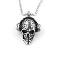Vintage punk skull pendant necklace with headphones in silver-tone stainless steel - Skull Headphone + Stainless Steel Chain