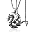 Macro detail of silver dragon pendant necklace with vintage finish and steel box chain - Dragon with Stainless Steel Chain