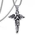 Detailed macro view of retro silver prayer angel pendant with a vintage black finish - Angel Pendant + Stainless Steel Box Chain