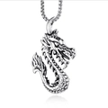 Vintage flame dragon pendant necklace made of titanium steel with a chunky pearl chain link - Chinese Dragon Design