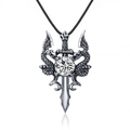 Gothic silver sword pendant with dragon carvings and clear gemstone on black cord - White + Leather Cord