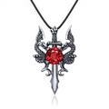 Vintage silver dragon sword pendant with a large red round gemstone on a black cord necklace - Red + Leather Cord