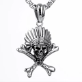 Macro shot of silver titanium steel skull pendant with an Indian feathered headdress - Indian Skull Style