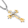 Men's retro punk two-tone stainless steel cross pendant necklace with sparkling crystals - 3D Layered Rhinestone Cross (Gold)