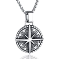 Retro compass pendant necklace in antique silver steel with octagonal star design - Silver Compass Style