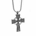 Vintage silver Celtic cross necklace with intricate knot patterns on a round link chain - Cross Flower