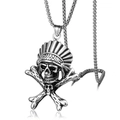 Retro titanium steel Indian skull pendant necklace with feather crown and woven chain - Indian Necklace