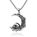 Gothic crescent moon and skull pendant necklace in vintage titanium steel box chain - Moon Skull