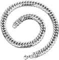 Polished silver stainless steel thick Cuban curb chain necklace with lobster clasp - Steel