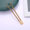 Forcina a U dorata vintage con incisioni floreali e strass blu scintillanti - Oro Antico (C1132)
