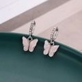 Detail of pink butterfly earrings with silver pavé hoops and cat eye stone wings - Light Pink (B1219)