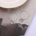 Detailed close-up of large silver hoop earrings with sparkling rhinestone butterfly pendant - Silver