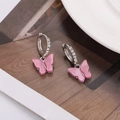 Pink marble butterfly charm hoop earrings with crystal diamonds in silver finish - Violet (B1221)