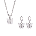 Silver butterfly jewelry set with iridescent white resin wings, necklace and earrings - White Butterfly Style (J5306)