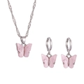 Detail of pink resin butterfly necklace and matching earrings in silver finish - Pink Butterfly Style (J5309)