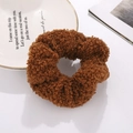 Close-up of a brown teddy fleece scrunchie featuring a soft fluffy texture for winter style - Coffee (N2405)