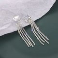 Detail of silver long tassel earrings with rectangular crystal and rhinestone chains - Square (A7528) / Silver