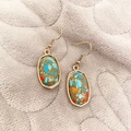 Fashionable gold hook earrings with turquoise blue and red stone geometric charms - Colorful