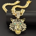 Luxury hip hop tiger head pendant necklace with green eyes on iced out Cuban chain link - Gold Tiger Head Pendant + Rhinestone Cuban Necklace 45CM