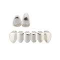 Detailed view of silver hip hop grillz set featuring two-tooth and six-tooth metal designs - Upper and Lower Combo / Silver Set