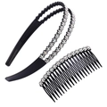 Double-layered black headband and hair comb set with sparkling white rhinestones - White (Headband and Comb)
