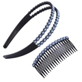 Double-layered black headband and hair comb set with blue rhinestone floral patterns - Blue (Headband and Comb)