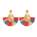 Bohemian colorful raffia fan-shaped earrings with gold teardrop metal accents - Red Beige Mix