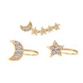 Set di tre ear cuff placcati in oro con stelle, luna e zirconi trasparenti incastonati - Oro (A6523)
