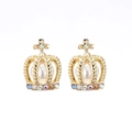 Golden crown earrings with round white pearls and colorful rhinestones on a white background - Pearl White Crown Style (A5506)