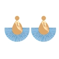 Light blue raffia fan fringe earrings with golden metal stud in bohemian chic style - Sky Blue