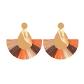 Chic oversized raffia fan earrings in orange and brown tones with gold accents - Orange Coffee Mix