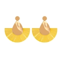 Creative oversized yellow fan earrings featuring raffia weaving and golden metal drops - Golden Yellow