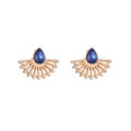 Elegante goldene Fächer-Ohrstecker mit blauen Kristallen im Tropfenschliff im Retro-Stil - Gold