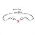 Bracciale corna d'argento con zircone rosa a goccia e catena stile bambù chic - Stile Bracciale Corna di Cervo con Strass (5987) / Argento Blu Lago