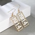 Gold-tone fashion drop earrings with rectangular 1314 number frame and zircon inlay - White Drip Oil - Gold Tone (A7508)