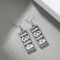 Elegant silver rectangle earrings featuring rhinestone border and 1314 number design - White Drip Oil - Silver Tone (A7505)
