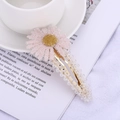 Pink daisy beaded hair clip with sparkling crystals and golden accents for women - Pink (C2533)