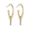Detailed view of gold C-shaped hoop earrings with vertical rhinestone bar pendants - Gold I