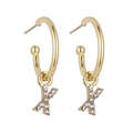 Close-up of gold letter K earring with sparkling zircons and a smooth hoop dangle - B1233 Gold X
