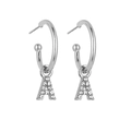 Detail view of silver letter A earrings featuring sparkling stones and classic hoop design - Silver A