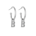 Detail view of silver hoop earrings with sparkling crystal letter B pendant - Letter B / Silver