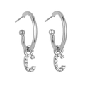 Detailed view of silver letter C drop earrings featuring sparkling cubic zirconia stones - Silver C