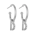Macro view of silver letter D charm earrings with sparkling rhinestones and hoop design - Letter D / Silver