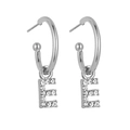 Detail view of silver letter E hoop earrings with sparkling pave-set crystals - Silver E