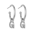 Detailed view of silver C-shaped hoop earrings with sparkling crystal letter G charm - Silver G